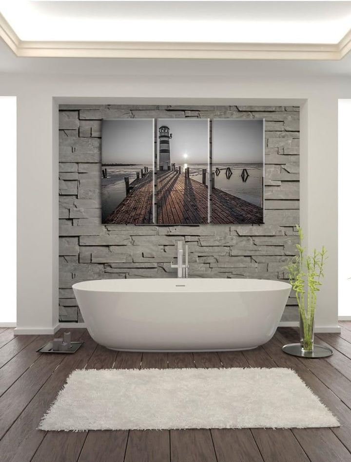 Pixxprint Leuchtturm am Steg als Leinwandbild/Grösse: 3 Teilig (120x80) cm/Wandbild/Kunstdruck/ferti