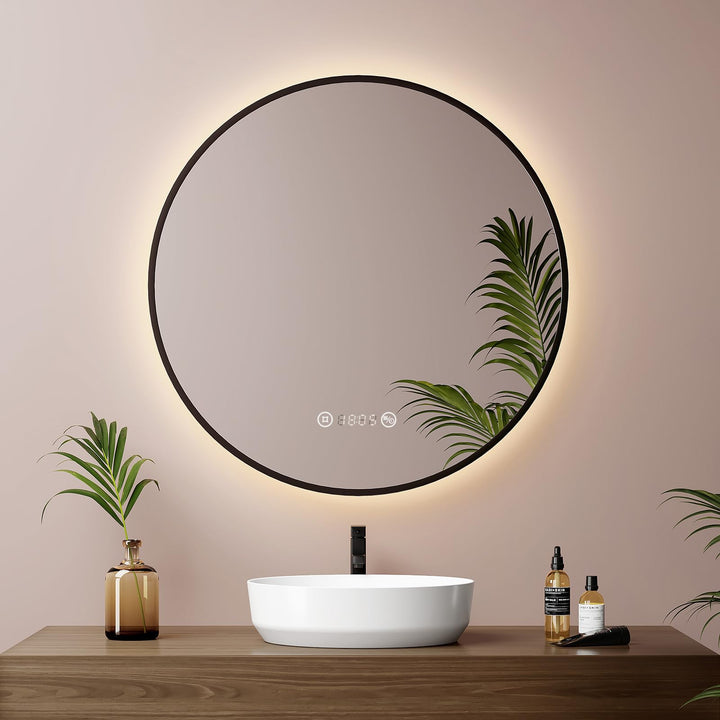 EMKE Runder Spiegel mit Beleuchtung ф60cm LED Badspiegel Schwarzer Rund Badezimmerspiegel mit Touch,