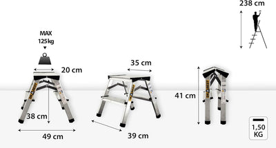 DRABEST Trittleiter Klapptritt Aluleiter Haushaltsleiter beidseitig begehbar 2 x 2 Stufen bis 125 kg