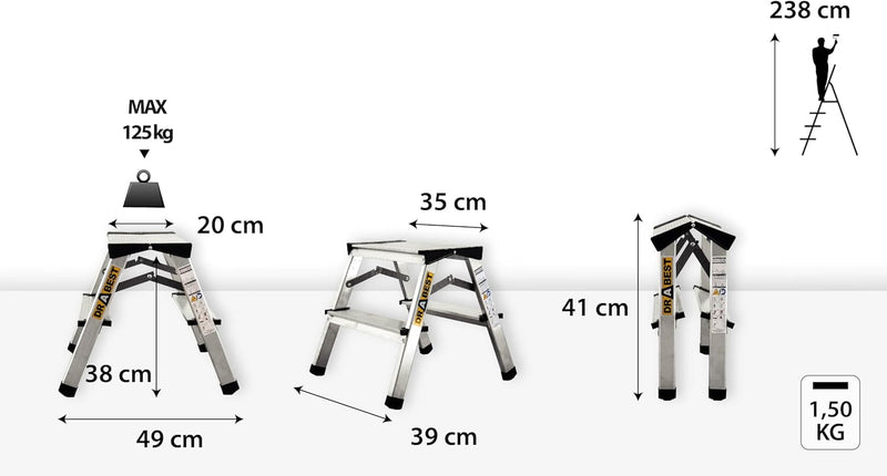 DRABEST Trittleiter Klapptritt Aluleiter Haushaltsleiter beidseitig begehbar 2 x 2 Stufen bis 125 kg