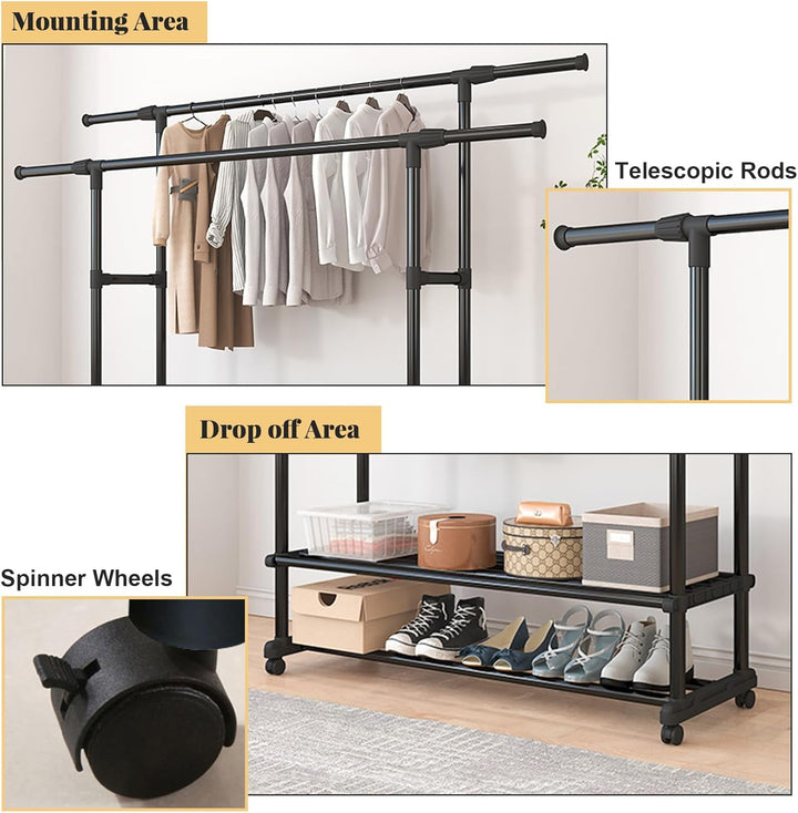 Freistehender Doppelruten Kleiderbügel, 150*150*75cm Ausziehbar Kleiderständer auf Rollen Multifunkt