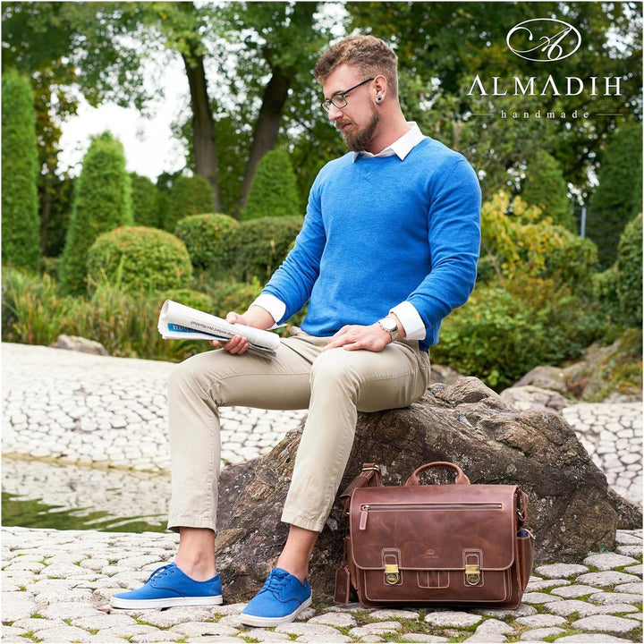 ALMADIH Leder Messenger *WILL* handgefertigt aus robustem Premium Rindsleder braun Vintage Sattlerqu