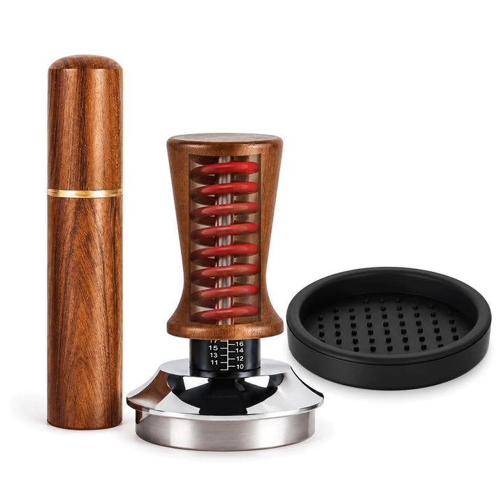 58mm Kaffee Tamper mit Feder & Gewinde-Flachboden, WDT Tool & Tampermatte Set, Manueller Federstampf