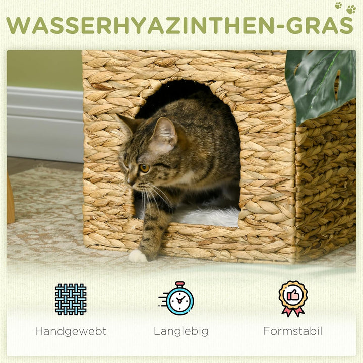 PawHut Rattan Katzenhaus, Katzenhöhle mit Kissen, Katzenbett mit 2 Ebenen, Katzenkorb, Katzenhütte f