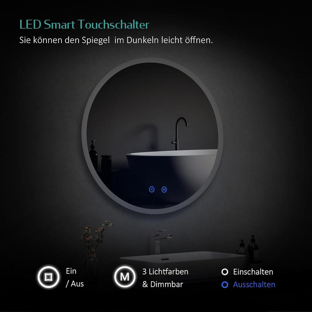 EMKE Badspiegel mit Beleuchtung Rund 50cm Badezimmerspiegel mit Touchschalter, 3 Lichtfarben dimmbar