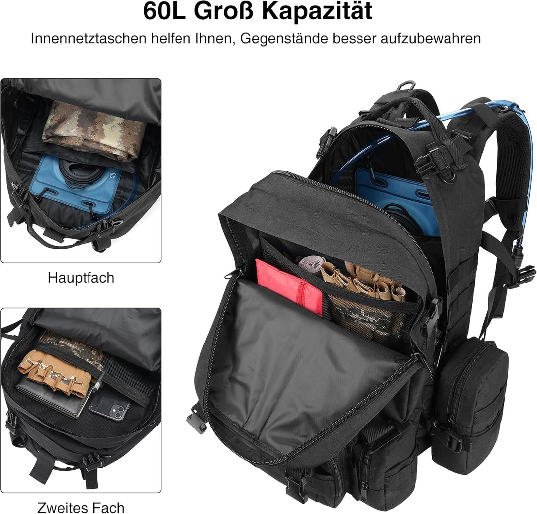 Taktischer Rucksack, 60L Militär Armee Rucksack, grosser Survival Molle Tagesrucksack für Herren und
