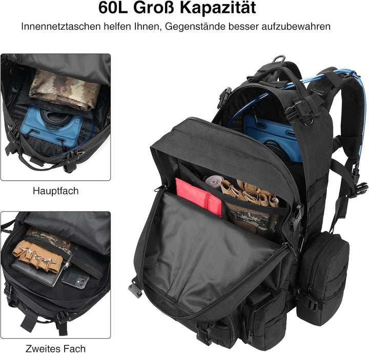 Taktischer Rucksack, 60L Militär Armee Rucksack, grosser Survival Molle Tagesrucksack für Herren und