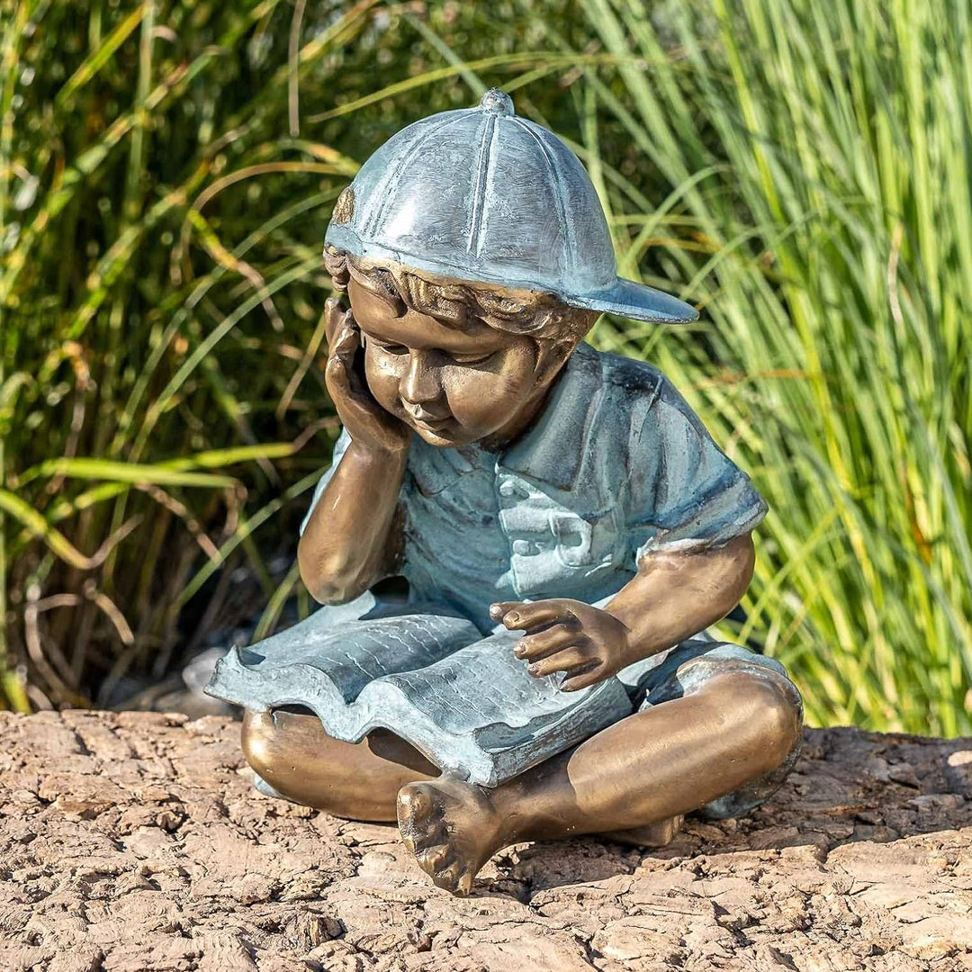 IDYL Bronze-Skulptur Lesender Junge | 29x24x25 cm | Kinderfigur aus Bronze handgefertigt | Gartensku