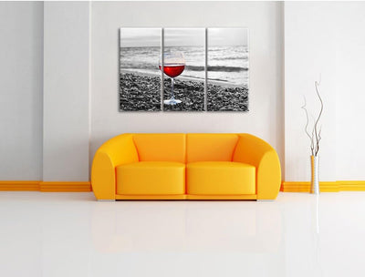 Pixxprint Weinglas am Strand als Leinwandbild | Grösse: 3 Teilig (120x80) | Wandbild| Kunstdruck | f