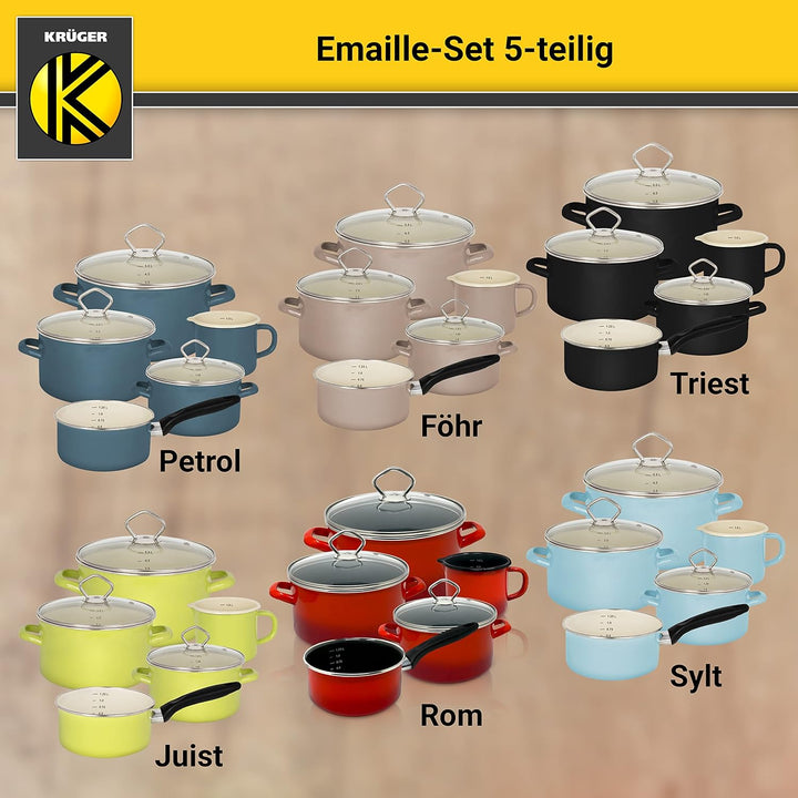 Krüger Emaille-Set Sylt 5 teilig - Emaille-Topfset aus Fleischtopf, Stieltopf und Milchtopf - Töpfe