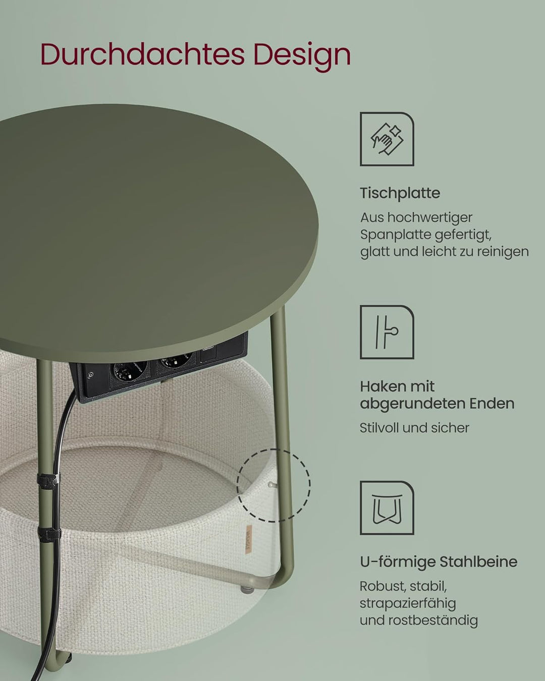 VASAGLE Beistelltisch rund, Kleiner Tisch, Couchtisch mit Steckdose, Wohnzimmertisch, Korb aus Stoff