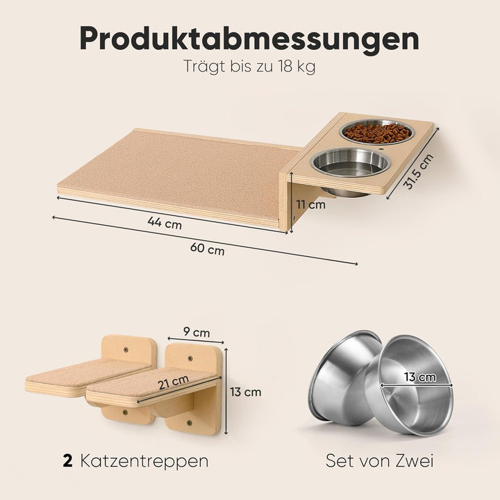 FUKUMARU Kletterwand Katzen Set, 2 Katzentreppe aus Massives Gummiholz, Katzenwand mit Katzennapf au