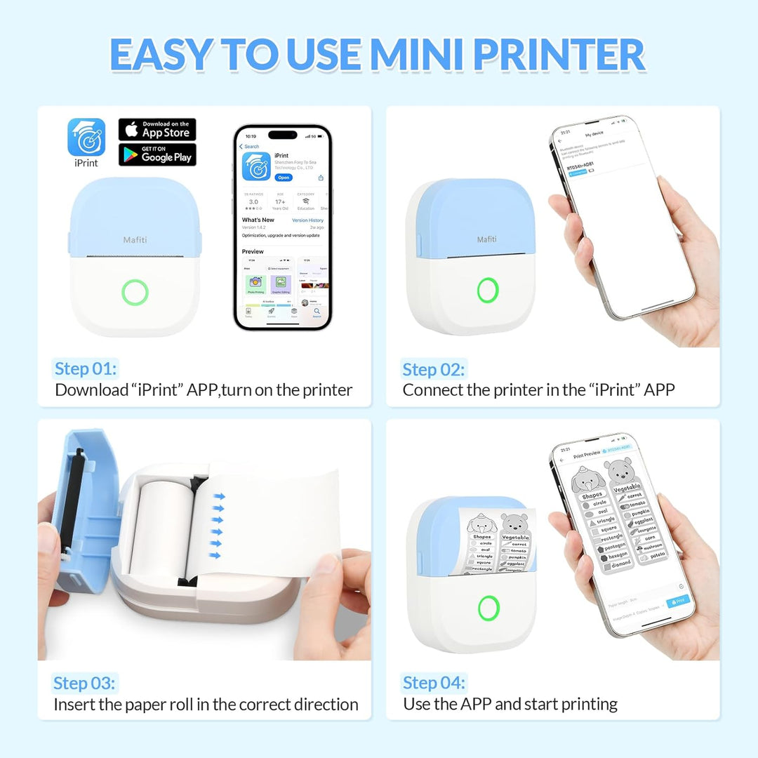 mafiti Mini Drucker tragbarer Mini Printer, Mini Fotodrucker Wireless Taschendrucker Thermodrucker S