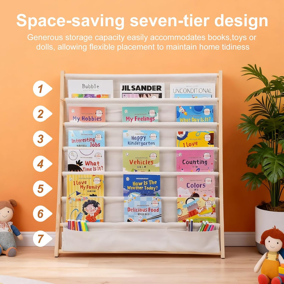 Bücherregal Kinder, 6 Ebenen Bücherregal Kinderzimmer, Aufbewahrung Kinderbücherregal mit Tasche, Bü