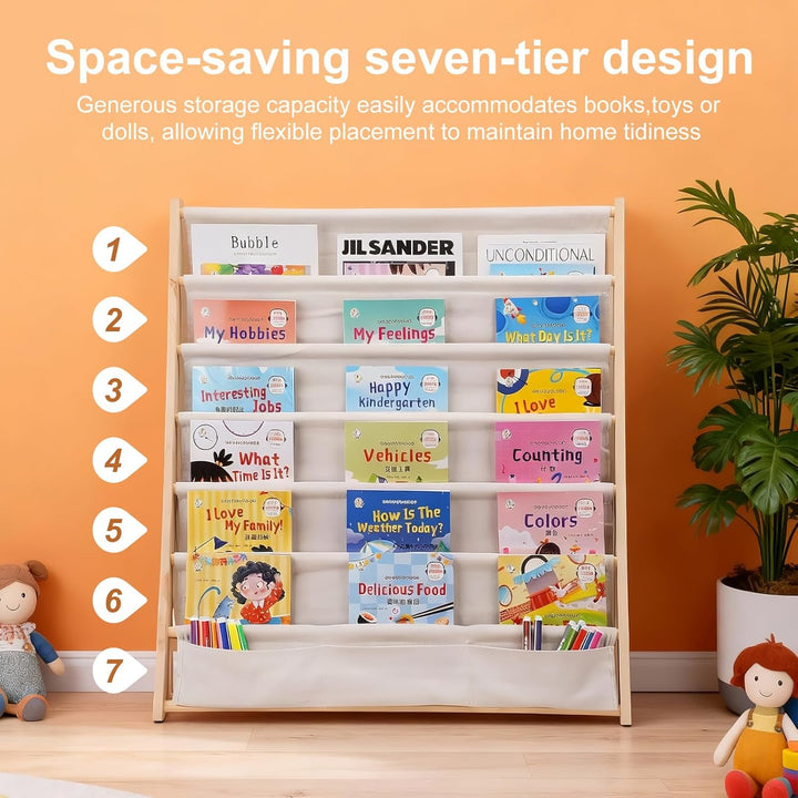 Bücherregal Kinder, 6 Ebenen Bücherregal Kinderzimmer, Aufbewahrung Kinderbücherregal mit Tasche, Bü