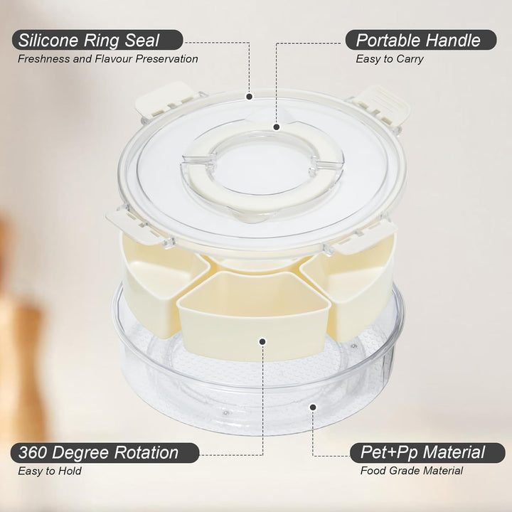 Cozary Rundes Snackbox Snackteller 27cm mit 6 Fächern und 360° Drehteller mit Deckel, PET+PP, ideal