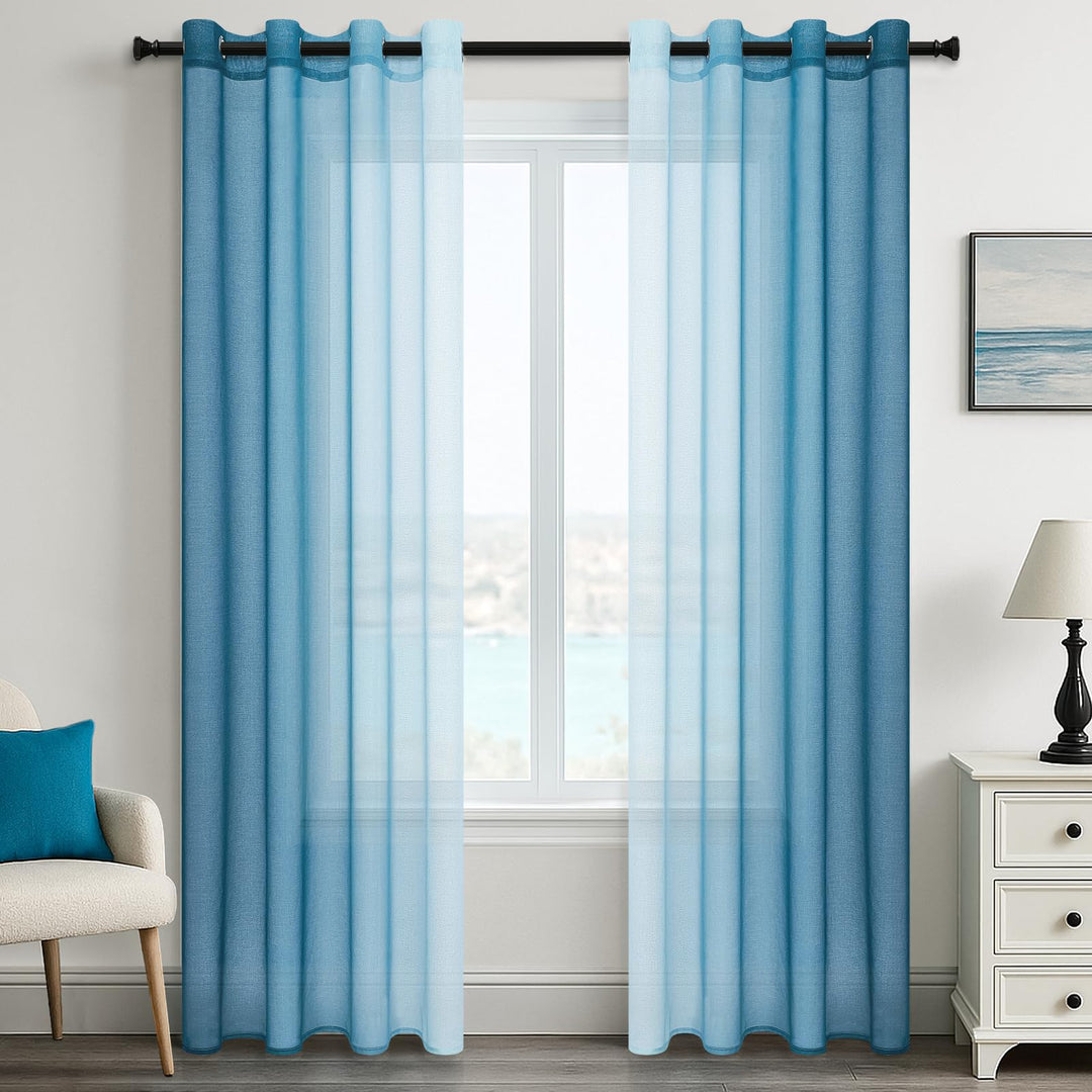 MRTREES Gardinen Voile mit Ösen Wohnzimmer Modern 2er Set Farbverlauf Tealblau, Vorhang Transparent