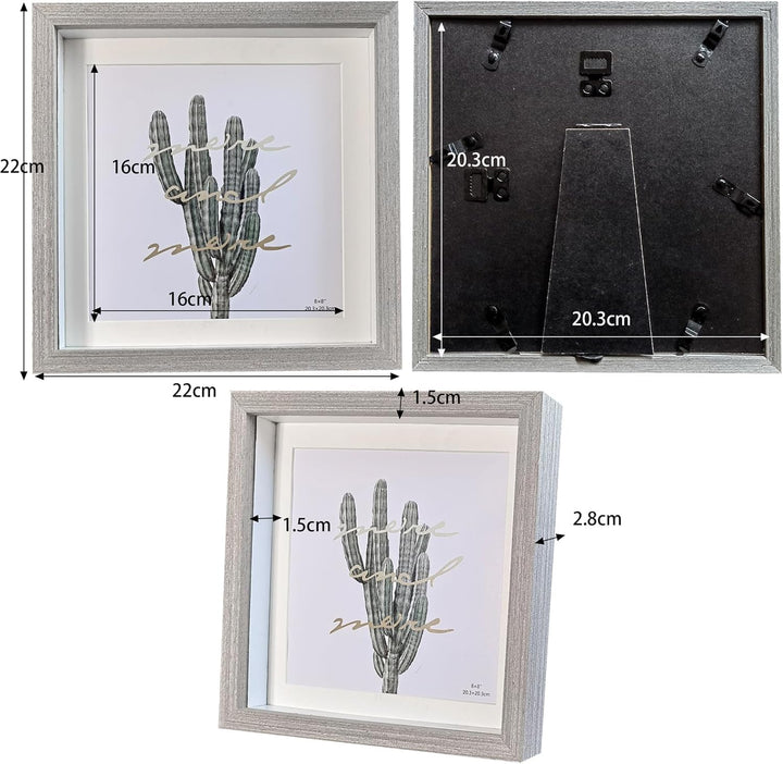 Houstimi Bilderrahmen 20x20cm Grauer Objektrahmen 3 Pack rahmen aus Massivholz und Echtglas für Obje
