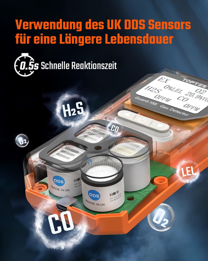 TopTes Guard-156 Gasmelder, 4 Gasmelder Für H2S, CO, LEL und O2, mit 3 Alarmmodi (visuell, Vibration