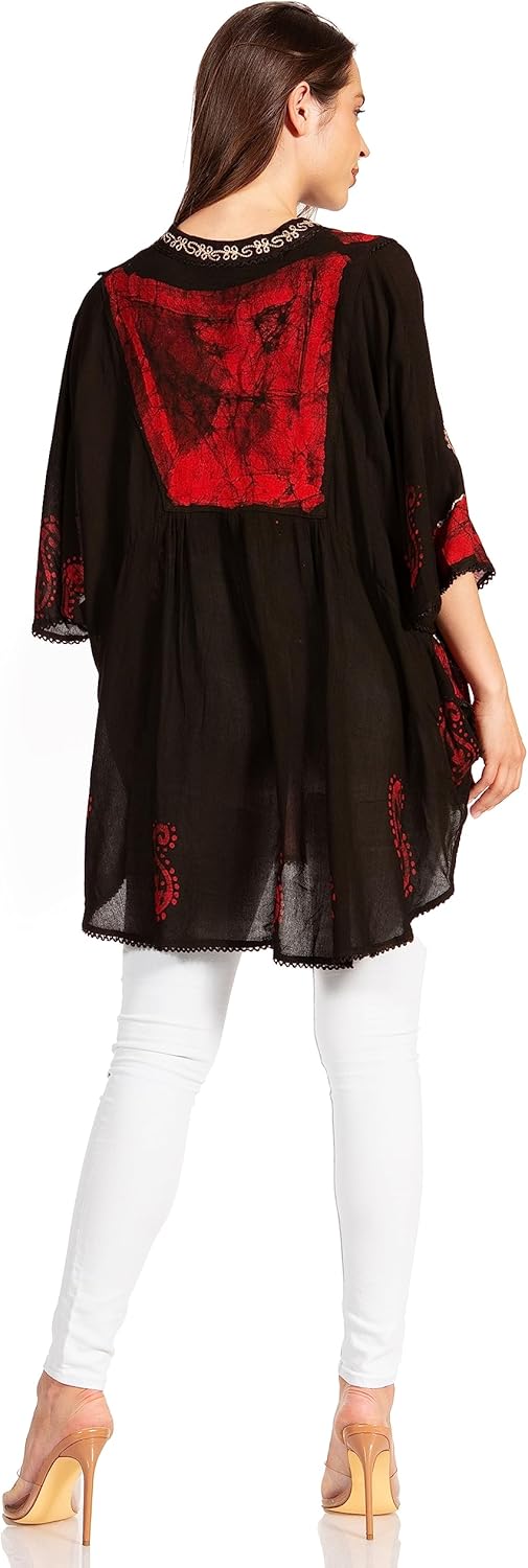Sakkas Amori V-Ausschnitt Stickerei Poncho Top/vertuschen Einheitsgrösse Schwarz Rot, Einheitsgrösse