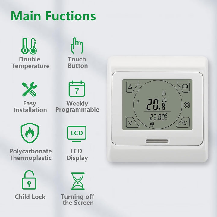 Wengart Raumthermostat Thermostat programmierbar LCD Touchscreen Digital weiss WG809, Unterputz für