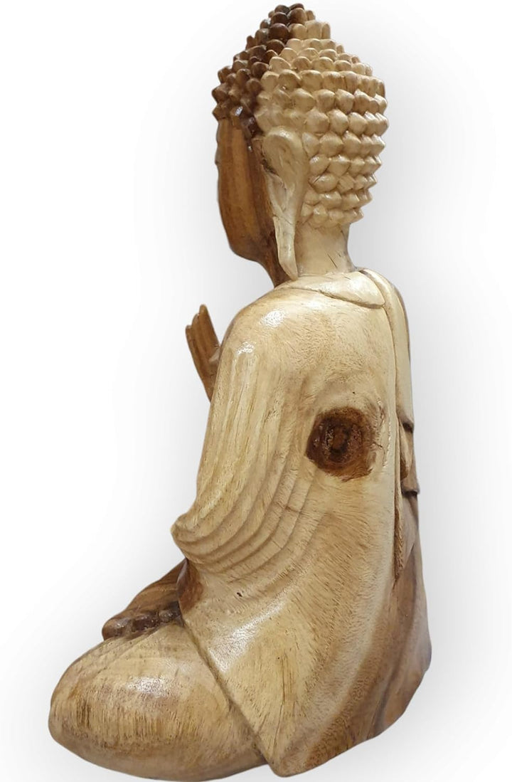 Kinaree Massivholz Buddha - Akazie Holz geschnitzter Buddha - 34cm Suar Skulptur, sitzender Buddha