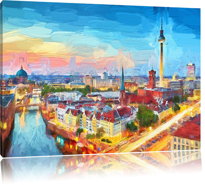 Pixxprint Berlin City Panorama Kunst Pinsel Effekt, Format: 100x70 auf Leinwand, 100x70