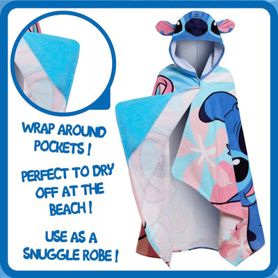 Disney Stitch Kapuzenhandtuch, Angel-Poncho, 100% Baumwolle, Strandtuch für Kinder, Badetuch, Badetu