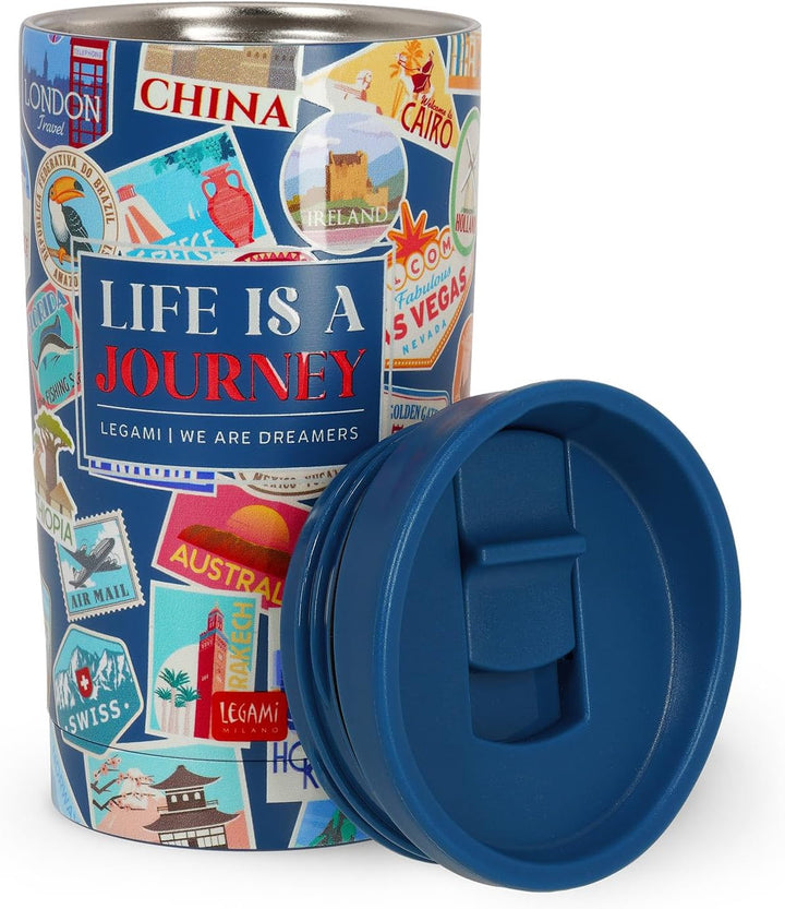 Legami - Thermobecher Hot&Cold Vacuum Tumbler, Travel Stickers, luftdichter Verschluss, aus Edelstah
