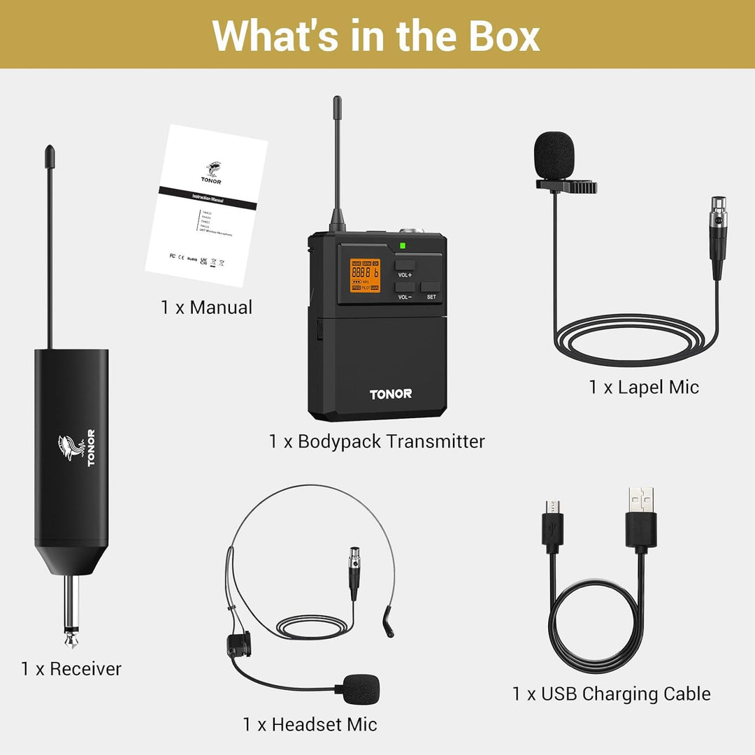 TONOR UHF Mikrofon Kabellos Set mit Headset Kopfbügel Funkmikrofon/Lavalier Ansteckmikrofonen Bodypa