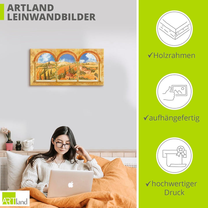Artland Leinwandbild Wandbild Bild auf Leinwand 60x30 cm Wanddeko Fensterblick Fenster Toskana Lands