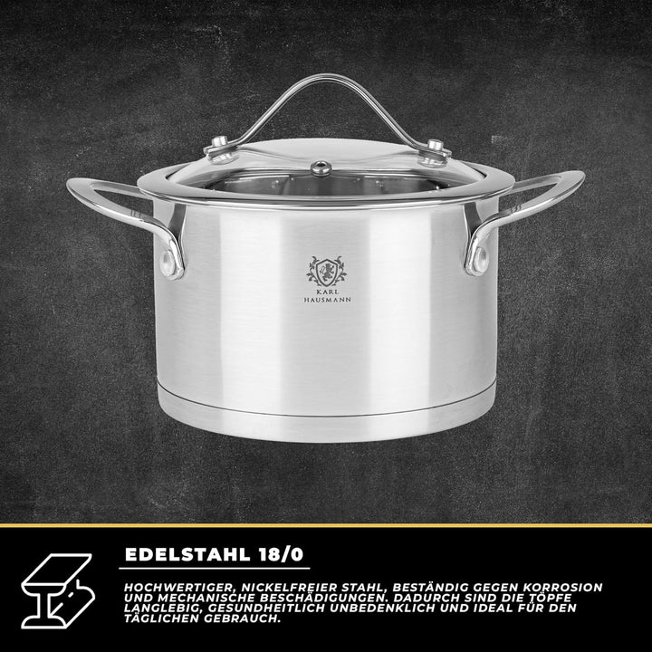 Topfset Induktion 3-teilig, Kochtopf Set mit Glasdeckel, Edelstahl mattiert, Induktions Töpfe Set un