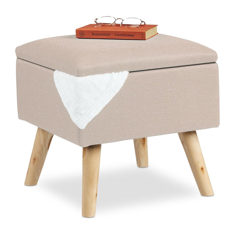 Relaxdays Hocker mit Stauraum, Kunstleinen-Bezug, gepolstert, Holzbeine, Fusshocker mit Deckel, HBT