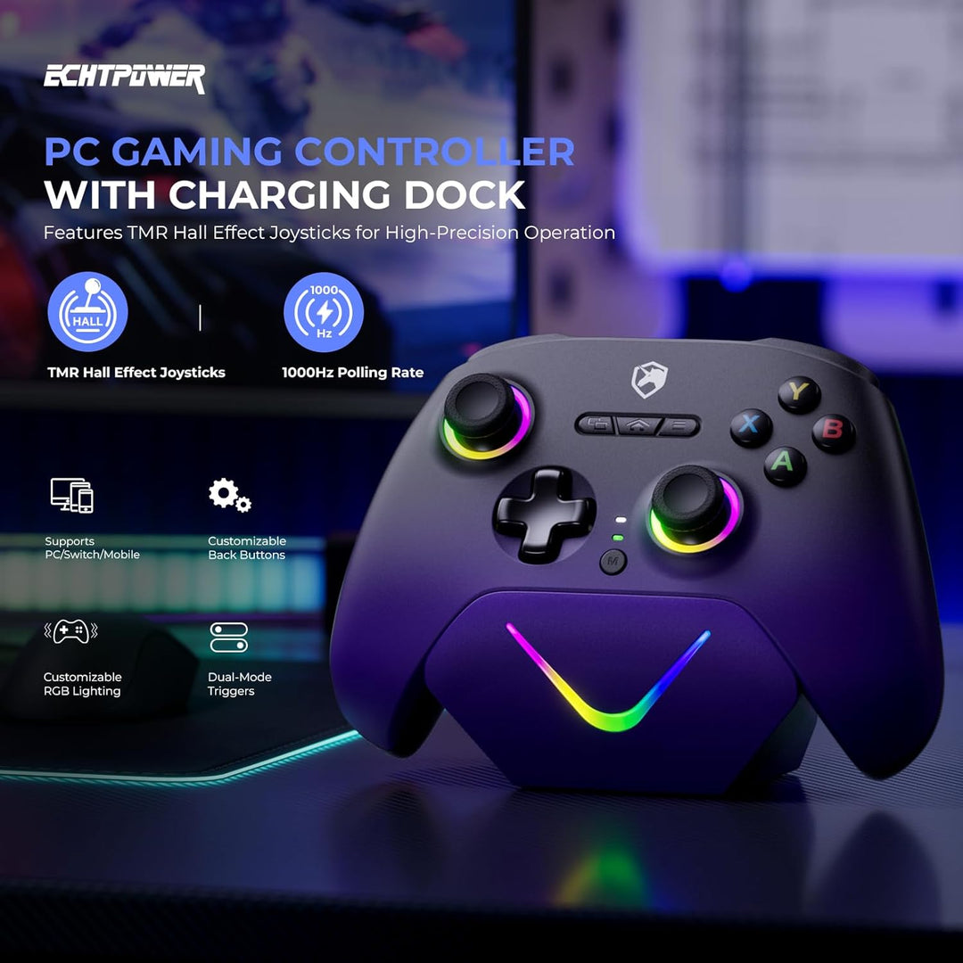 ECHTPower PC Gaming Controller mit TMR Hall-Effekt-Joysticks, Anti-Drift, Dual-Trigger, 1000Hz Abfra