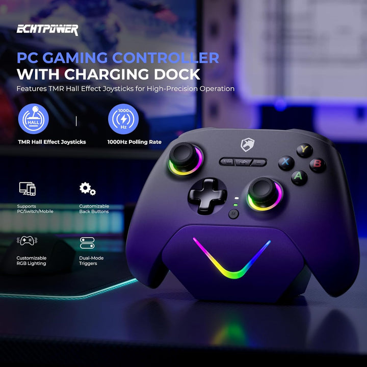ECHTPower PC Gaming Controller mit TMR Hall-Effekt-Joysticks, Anti-Drift, Dual-Trigger, 1000Hz Abfra