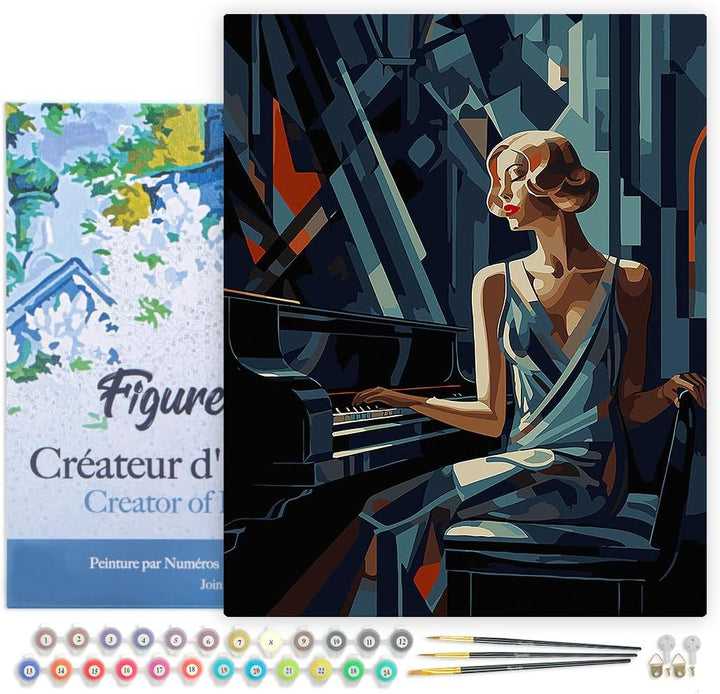Figured'Art Malen Nach Zahlen Erwachsene Mit Rahmen Art-Deco-Frau am Klavier - Paint by Numbers Bast
