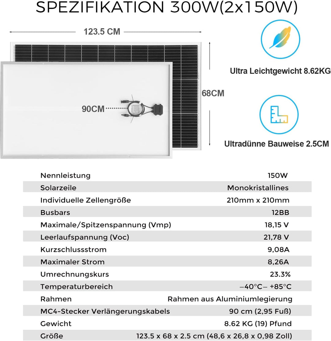 300W Solarpanel 12V, Monokristallines Solarpanel 300 Watt Wohnmobil, Solarmodul mit 90cm Solarkabel