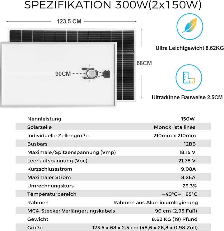 300W Solarpanel 12V, Monokristallines Solarpanel 300 Watt Wohnmobil, Solarmodul mit 90cm Solarkabel