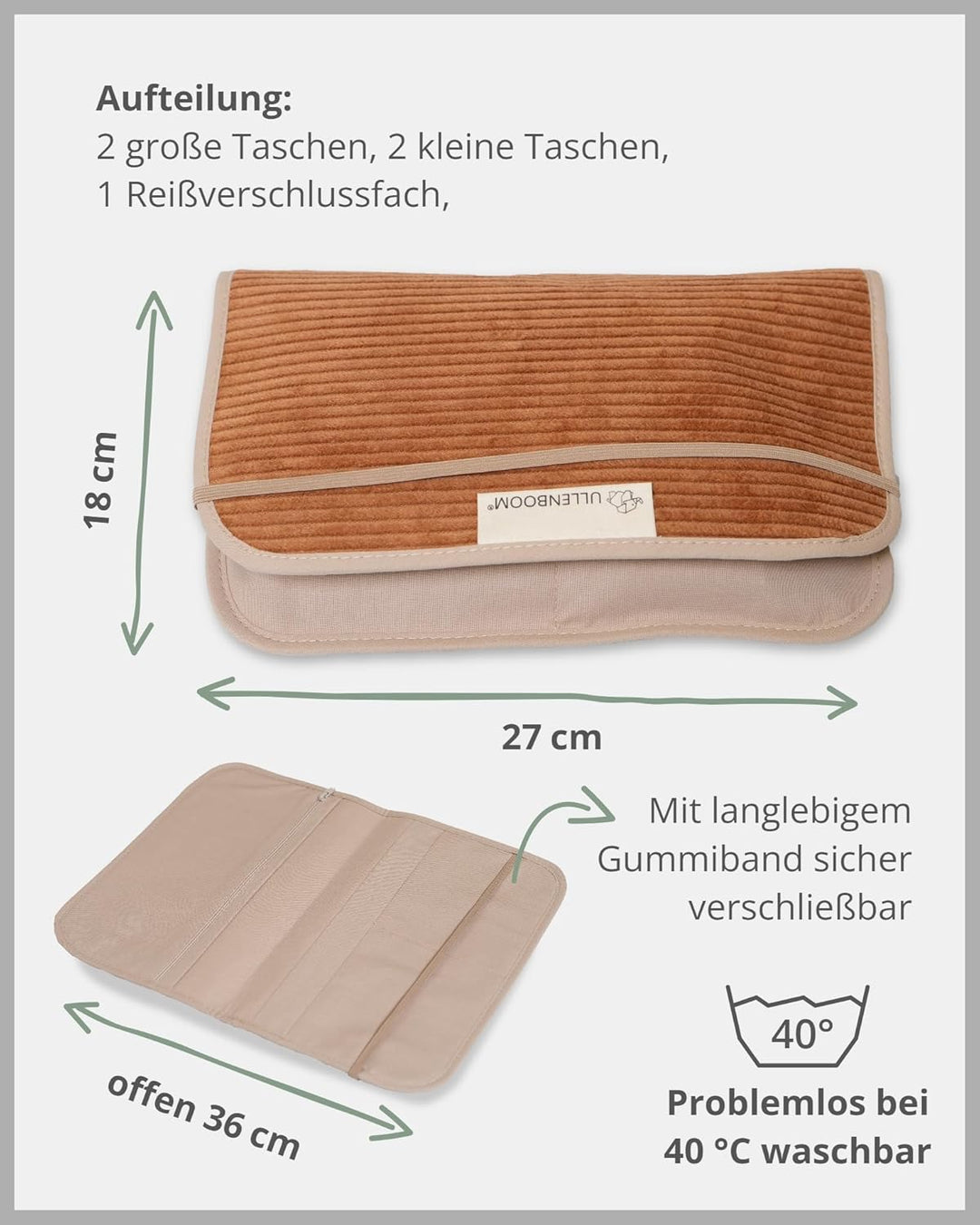 ULLENBOOM Windeltasche für unterwegs, Cord Cognac, Made in EU - Wickeltasche für bis zu 3 Windeln, F