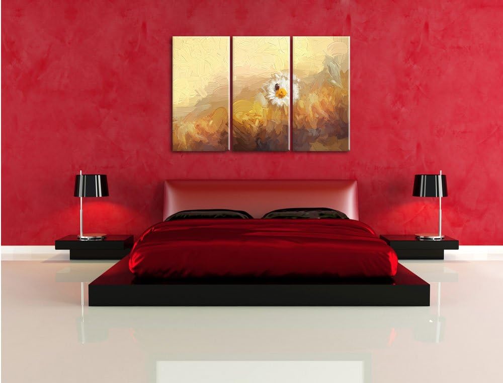 Pixxprint Gänseblümchen Marienkäfer / 3-Teilig/Gesamtmass 120cm Leinwandbild bespannt auf Holzrahmen