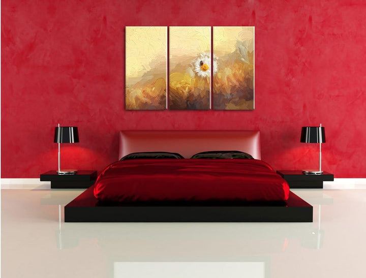 Pixxprint Gänseblümchen Marienkäfer / 3-Teilig/Gesamtmass 120cm Leinwandbild bespannt auf Holzrahmen