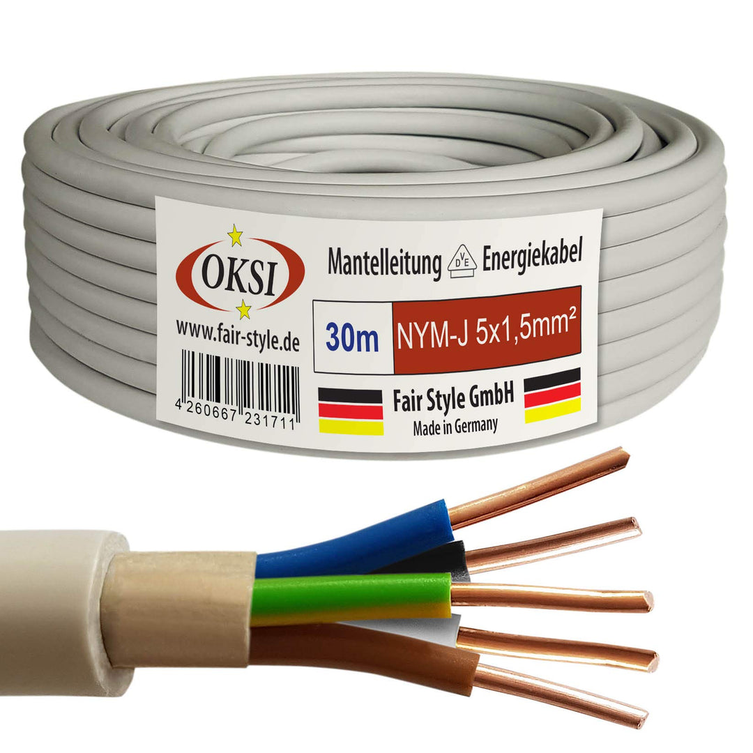 OKSI 30m NYM-J 5x1,5 mm² Mantelleitung Feuchtraumkabel Elektrokabel Kupfer Made in Germany, 30m NYM-
