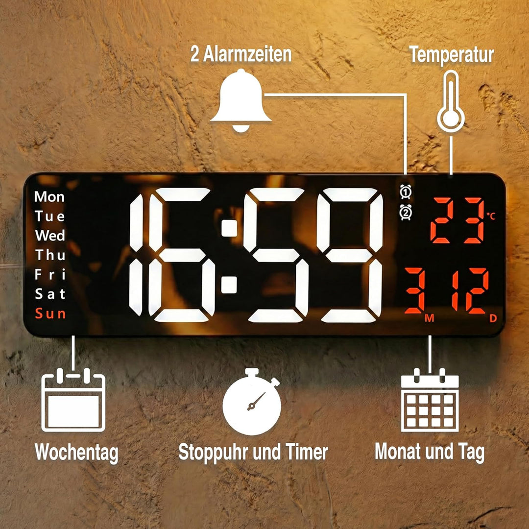 Opis Clock 1 XXL Weiss/Orange: Wanduhr Digital mit Temperaturanzeige, die Grosse Leuchtende LED Digi