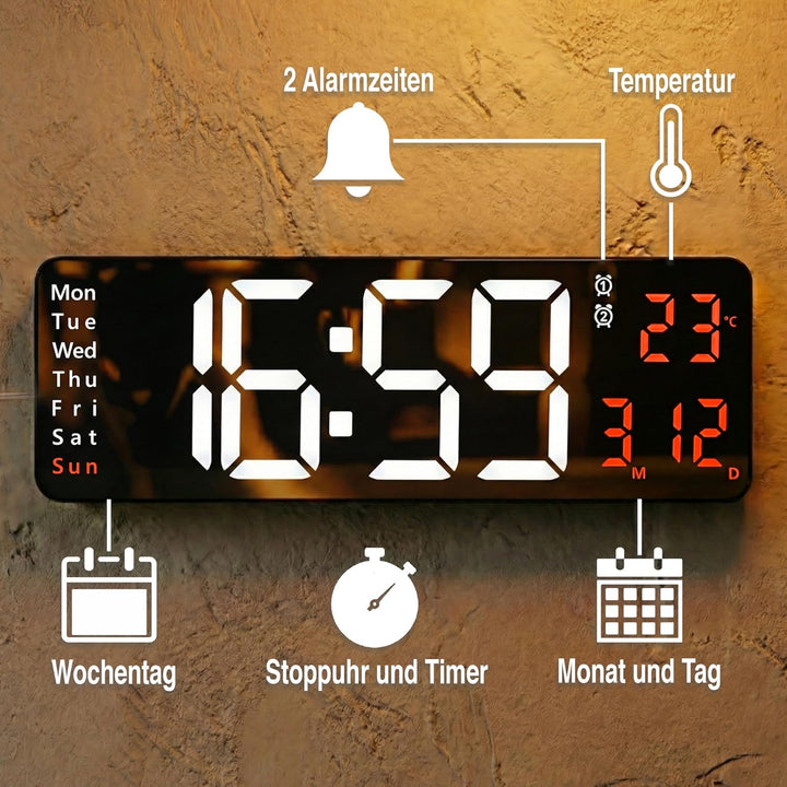 Opis Clock 1 XXL Weiss/Orange: Wanduhr Digital mit Temperaturanzeige, die Grosse Leuchtende LED Digi