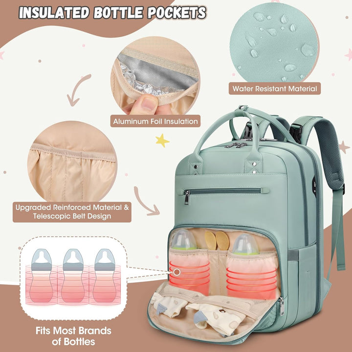 RAINSMORE Wickelrucksack Baby Wickeltasche Rucksack mit Wickelunterlage Unterwegs Gross Diaper Bag M