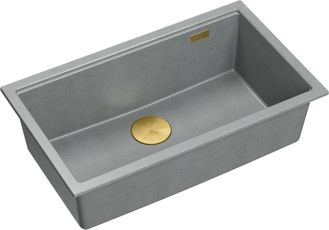 QUADRON Spüle Einbeckenspüle Granitspüle Küche | Grösse 70 x 37 x 23,5 cm Farbe: Grau & Golden | LOG