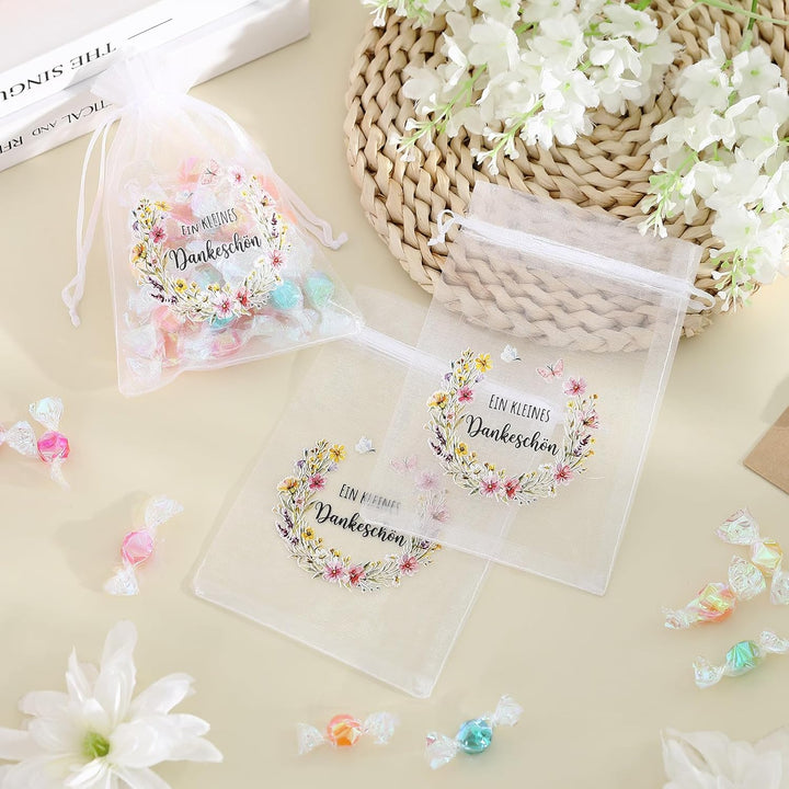 Hestya 60 Stück Dankeschön Gastgeschenke, Organza Geschenkbeutel mit Blumenmotiv Geschenkbeutel für