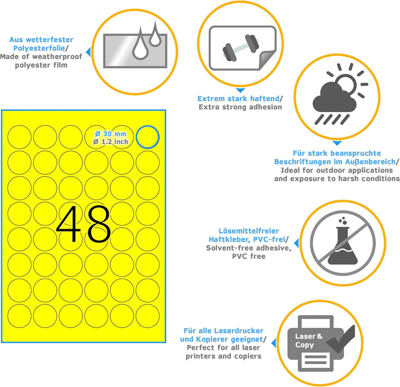 HERMA 8034 Wetterfeste Folienetiketten rund, 25 Blatt, Ø 30 mm, 48 Stück pro A4 Bogen, 1200 Aufklebe