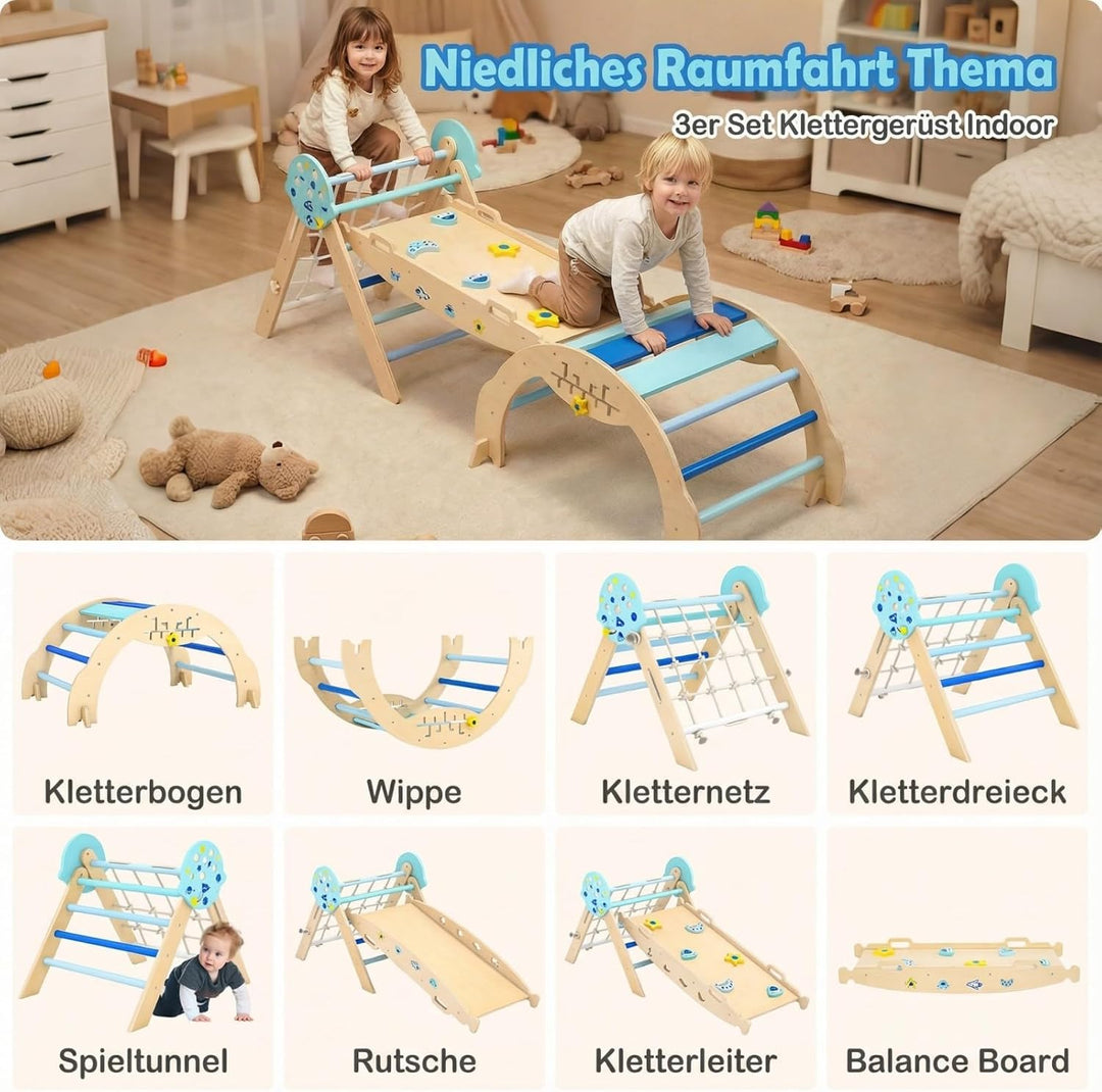 COSTWAY Klettergerüst Indoor 3er Set, klappabres Kletterdreieck mit Rutsche, Kletterbogen, Netz, ink