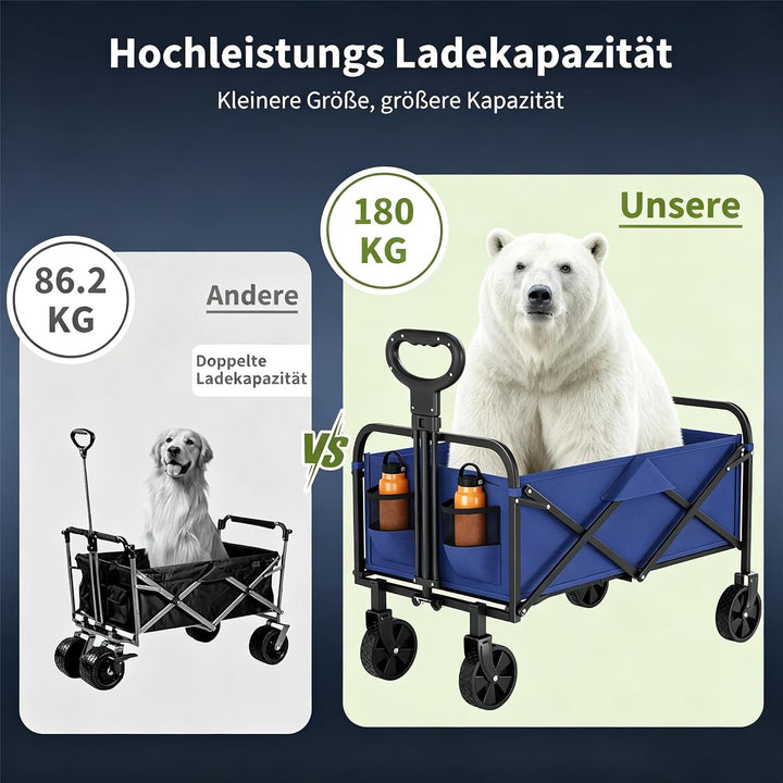 XXL Bollerwagen faltbar 220L, 180KG, Gartenwagen für alle gelände, Handwagen Stahlrahmen 600D Oxford